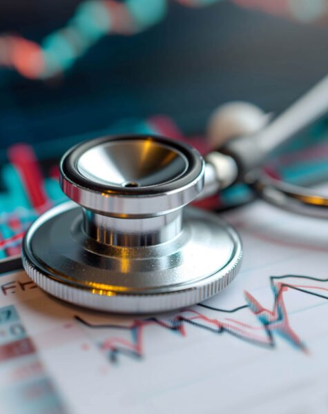 Investment in medical business group concept, stethoscope on the table in stock background